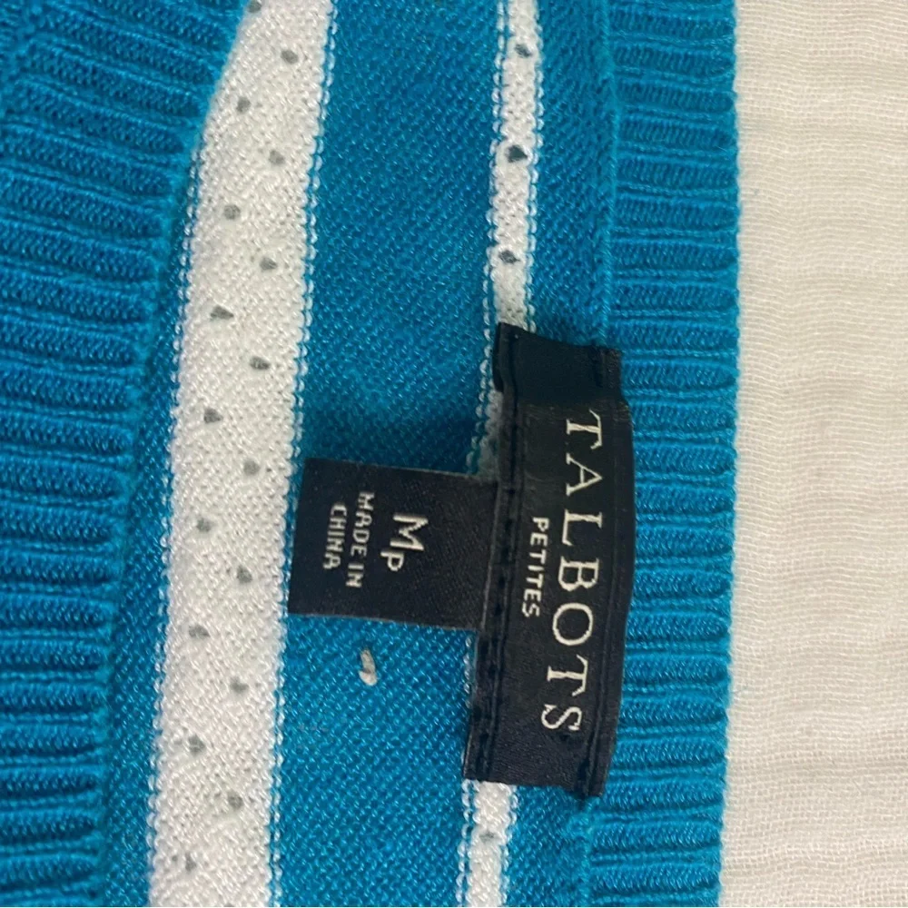 Talbots Sweater Shirt Teal Striped Linen Blend 3/4 Length Medium Petite Coastal - Picture 9 of 16